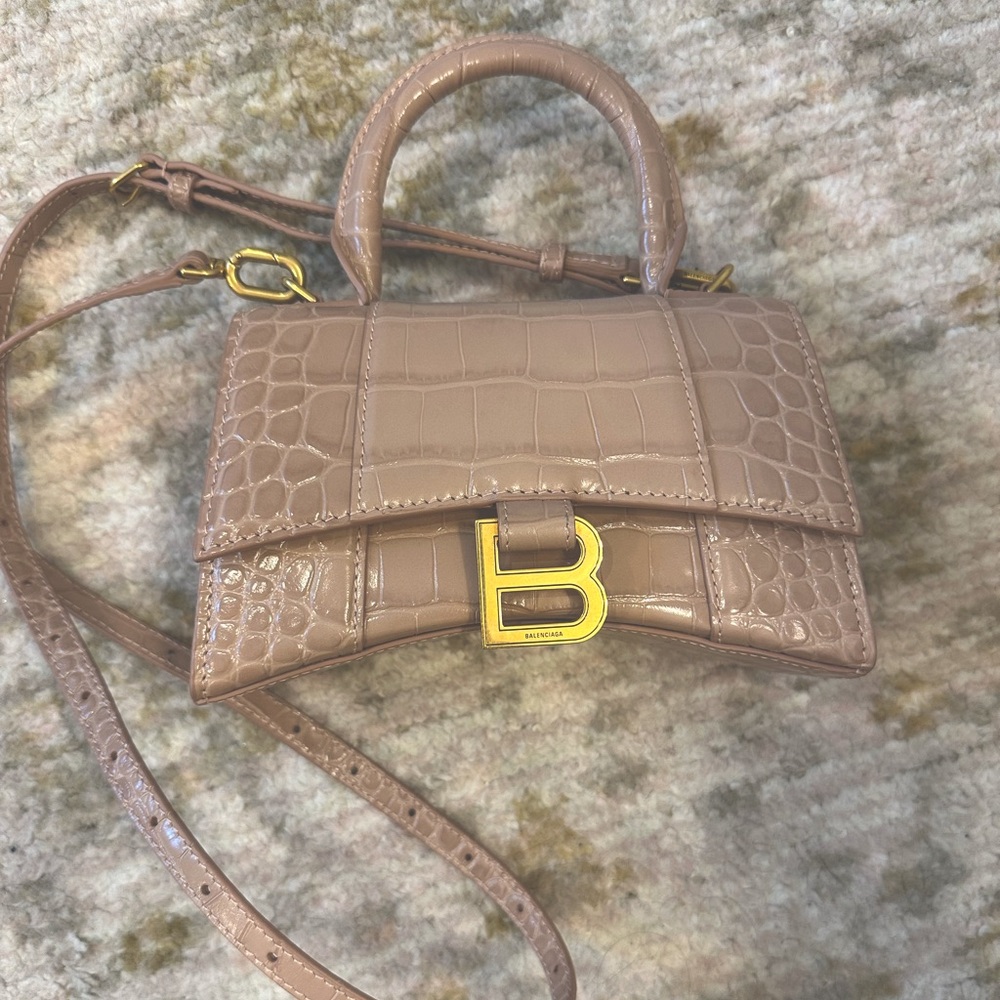Balenciaga Hourglass Crossbody, Balenciaga Croc-Embossed Top-Handle Bag in Nude